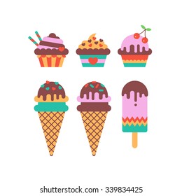 Colorful vector set of cupcakes and ice creams in flat style isolated on white background.