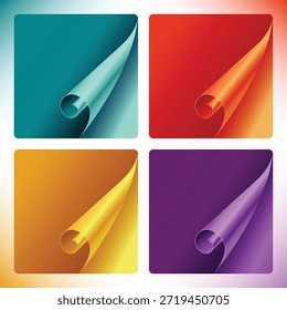 Farbenfrohe Vektorgrafik-Set von gekräuselten Eckenetiketten und Aufkleberelementen