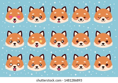 Colorful vector set of cute fox emoticons. Collection isolated funny muzzle fox with different emotion in cartoon style.