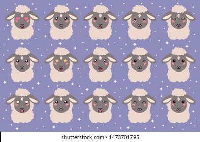Colorful vector set of cute lamb emoticons. Collection isolated funny muzzle sheep with different emotion in cartoon style.