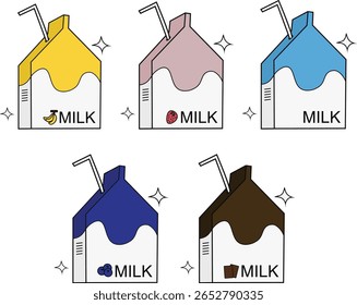 Colorful vector set of cute milk cartons in five flavors: banana, strawberry, plain, blueberry, and chocolate with drinking straw