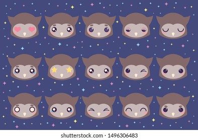 Colorful vector set of cute owl emoticons. Collection isolated funny muzzle bird with different emotion in cartoon style.
