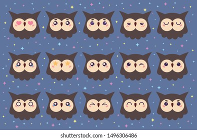 Colorful vector set of cute owl emoticons. Collection isolated funny muzzle bird with different emotion in cartoon style.