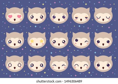 Colorful vector set of cute owl emoticons. Collection isolated funny muzzle bird with different emotion in cartoon style.