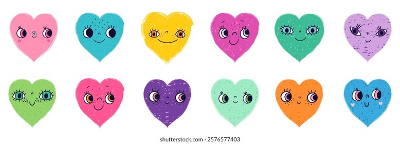 Colorful vector set with cute textured heart faces with eyes and mouths, funny characters