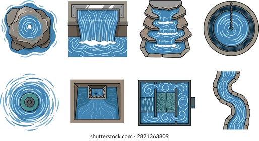 Colorful vector set of decorative and functional water features, including waterfalls, fountains, whirlpools, streams, drains, and filtration structures. Ideal for landscape design, water management diagrams, park planning, engineering graphics, and educational materials.
