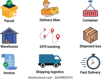 A colorful vector set of delivery and logistics icons including parcel, shipping truck, warehouse, GPS tracking, and invoice. Perfect for courier services, e-commerce, and supply chain presentations.