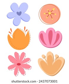 Colorful vector set depicting various flowers in pastel warm colors. Red, pink, orange, blue