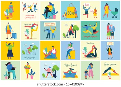 Colorful vector set of different activities of women for Happy Women's internarional day cards, posters and banners . Group of happy female friends, mothers in flat design