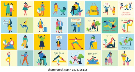 Colorful vector set of different activities of women for Happy Women's internarional day cards, posters and banners . Group of happy female friends, mothers in flat design