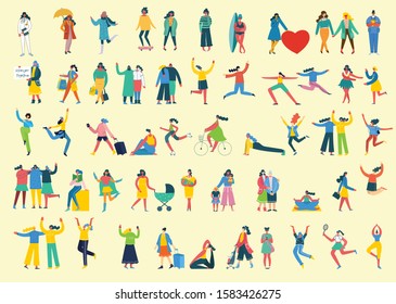 Colorful vector set of different activities of women for Happy Women's internarional day cards, posters and banners . Group of happy female friends, mothers in flat design