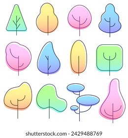 Colorful vector set with different colored trees in gradient. Square, triangular, round
