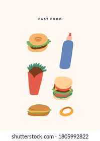 Colorful vector set of different fast food. Collection of different tasty snacks. Hamburger, sandwich, sauce. Delicious food.