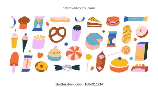 Colorful vector set of different sweet food. Desserts including cake, ice cream, pastry, lollipop, cupcake, chocolate, macaron. Sweet and tasty.