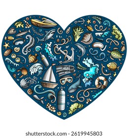 Colorful vector set of Diving cartoon doodle objects, symbols and items. Heart form composition