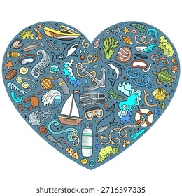 Colorful vector set of Diving cartoon doodle objects, symbols and items. Heart form composition