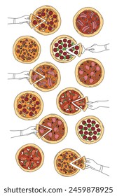 colorful vector set of drawn pizzas with different toppings with the image of a hand holding a piece of pizza