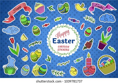 Colorful vector set of Easter cartoon doodle objects, symbols and items. Perfect for stickers, scrapbooking, patches, badges, pins, prints or for doodle icons.