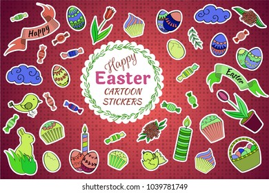 Colorful vector set of Easter cartoon doodle objects, symbols and items. Perfect for stickers, scrapbooking, patches, badges, pins, prints or for doodle icons.