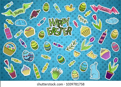Colorful vector set of Easter cartoon doodle objects, symbols and items. Perfect for stickers, scrapbooking, patches, badges, pins, prints or for doodle icons.