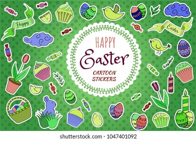 Colorful vector set of Easter cartoon doodle objects, symbols and items. Perfect for stickers, scrapbooking, patches, badges, pins, prints or for doodle icons.