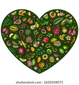 Colorido conjunto de Vectores de frutas tropicales exóticas de dibujos animados doodle objetos, símbolos y artículos. Composición de la forma del corazón