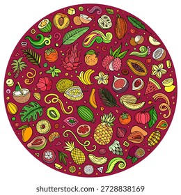 Colorido conjunto de Vectores de frutas tropicales exóticas de dibujos animados doodle objetos, símbolos y artículos. Composición redonda. Dibujado a mano, no AI