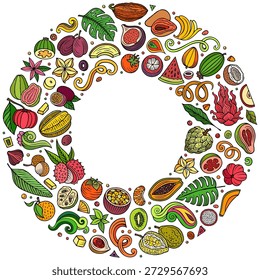 Vetor colorido conjunto de frutas tropicais exóticas desenhos animados rabiscar objetos, símbolos e itens. Composição de quadro redondo. Desenhado à mão, não com IA