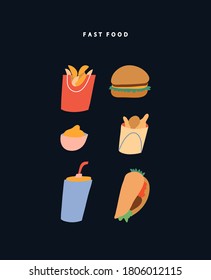 Colorful vector set of fast food on dark background. Collection of different tasty snacks. Hamburger, taco, french fries, chicken legs, sauce.