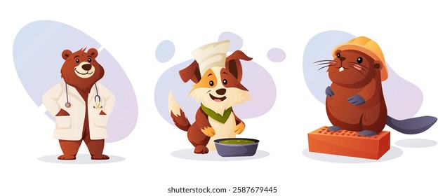 Colorful vector set featuring a bear doctor, a dog chef, and a beaver builder, representing different professions  
