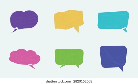 A colorful vector set featuring textured paper-style speech bubbles and dialog elements. Includes a purple double-oval bubble, wavy yellow banner frame, cyan rectangular speech box, pink cloud speech bubble, textured green rectangular chat box, and a solid blue dialog frame. Perfect for comics, web UI design, social media posts, promotional sales tags, and graphic presentations.

#SpeechBubble #VectorArt #GraphicDesign #ComicBubbles #TextFrame #ChatBox #DesignElements #CreativeVector #DialogBox #Illustration #WebDesign #BannerDesign #SocialMediaGraphics #PaperCutDesign #VectorGraphics