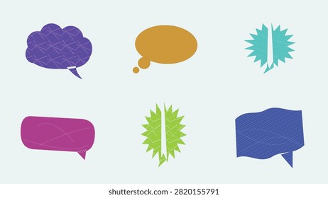 A colorful vector set featuring textured speech bubbles, thought clouds, and starburst elements. Includes a purple cloud speech bubble, a yellow-brown oval thought cloud, cyan and green starburst burst frames, a pink textured speech box, and a blue wave banner bubble. Ideal for comic designs, social media graphics, sales tags, web banners, and UI elements.

#SpeechBubble #ThoughtBubble #VectorArt #GraphicDesign #ComicBubbles #TextFrame #ChatBox #DesignElements #CreativeVector #DialogBox #Illustration #WebDesign #BannerDesign #SocialMediaGraphics #VectorGraphics