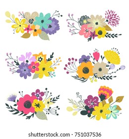 Colorful vector set of floral compositions in gentle colors. Beautiful wreath with floral, can be used as creating card, invitation card for wedding, birthday and other holiday.
