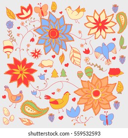 Colorful vector set of forest animals and flowers. Nice colors, red, blue, yellow and grey. Forest icons, suitable for your invitation cards and web design.