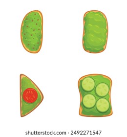 Colorful vector set of four cartoon toast with various toppings, perfect for menu designs