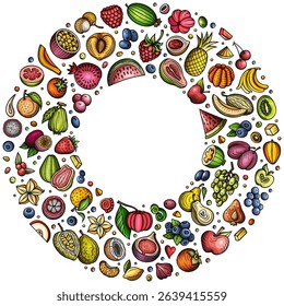 Colorful vector set of Fruits cartoon doodle objects, symbols and items. Round frame composition