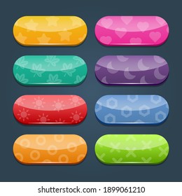 Colorful vector set of game buttons and frames. Elements for mobile applications. Options and selection windows, panel settings.