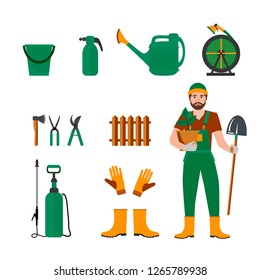 Colorful vector set of garden icons: garden tools, equipment,  gardener. Concept of gardening.