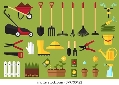 Colorful vector set of garden icons: garden tools, equipment, planting process. Flat style.