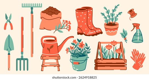 Colorful vector set of gardening tools, pots, gloves, and plants in a flat style. Perfect for eco lifestyle, horticulture, agriculture projects, or hobby farming content and spring visuals
