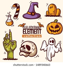 Colorful vector set of Halloween design elements with pumpkin and paint, ghost, web and sweets, broom, spider and skull on white background. Badges of the holiday of Halloween.