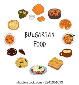 Colorful vector set hand drawn of Bulgarian food. Design sketch for menu cafe, restaurant, label and packaging.