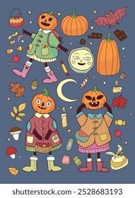 colorful vector set of hand drawn pumpkin head characters with added autumn things and sweets on the background