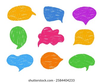 Colorful vector set of hand Drawn Speech Bubbles with crayon textured effect. Perfect for comics, social media, poster, creative designs. Isolated elements on white background
