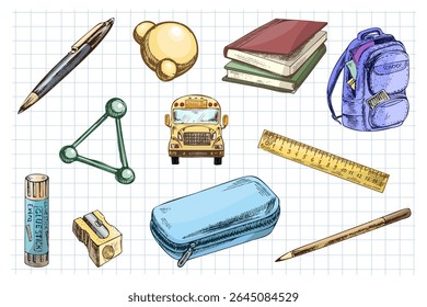 Vetor colorido conjunto de itens escolares desenhados à mão, incluindo mochila, livros, ônibus, lápis caso, cola, canetas, régua, modelo de molécula e afiador. Estilo de esboço vintage na grade do notebook.