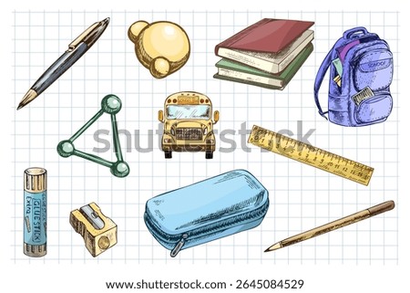 Colorful vector set of hand drawn school items including backpack, books, bus, pencil case, glue stick, pens, ruler, molecule model and sharpener. Vintage sketch style on notebook grid.
