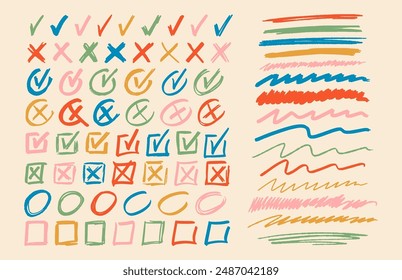 Colorful Vector Set Of Hand-drawn Checkmarks, Crosses And Lines In Sketchy Style, Presented On A Beige Background