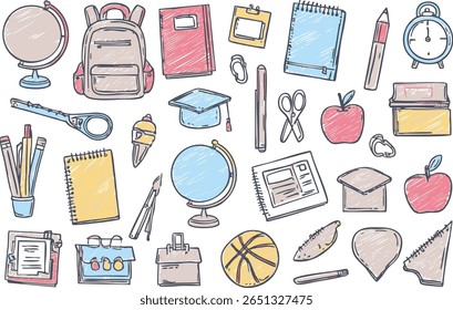 Colorful vector set of hand-drawn school supplies. Includes backpack, globe, books, pencils, ruler, alarm clock, graduation cap, apple and other educational elements