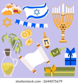 Vetor colorido conjunto de Hanukah e símbolos de feriado judaico. Inclui menorá, dreidels, bandeira, presentes, pergaminho, sufganiyot, ramo de oliveira, gelt, e jarra de óleo. Ilustração festiva plana.