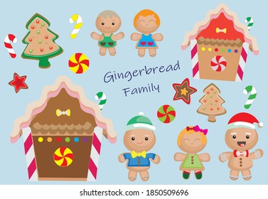 
Colorful Vector Set of Happy Gingerbread Family Celebrating Christmas, Cookie House and Candies